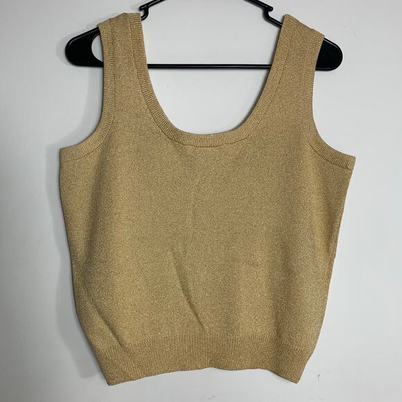 St John Basics Santana Knit Gold Metallic Crop Tank Top Sweater Women Sz M USA - Picture 2 of 8